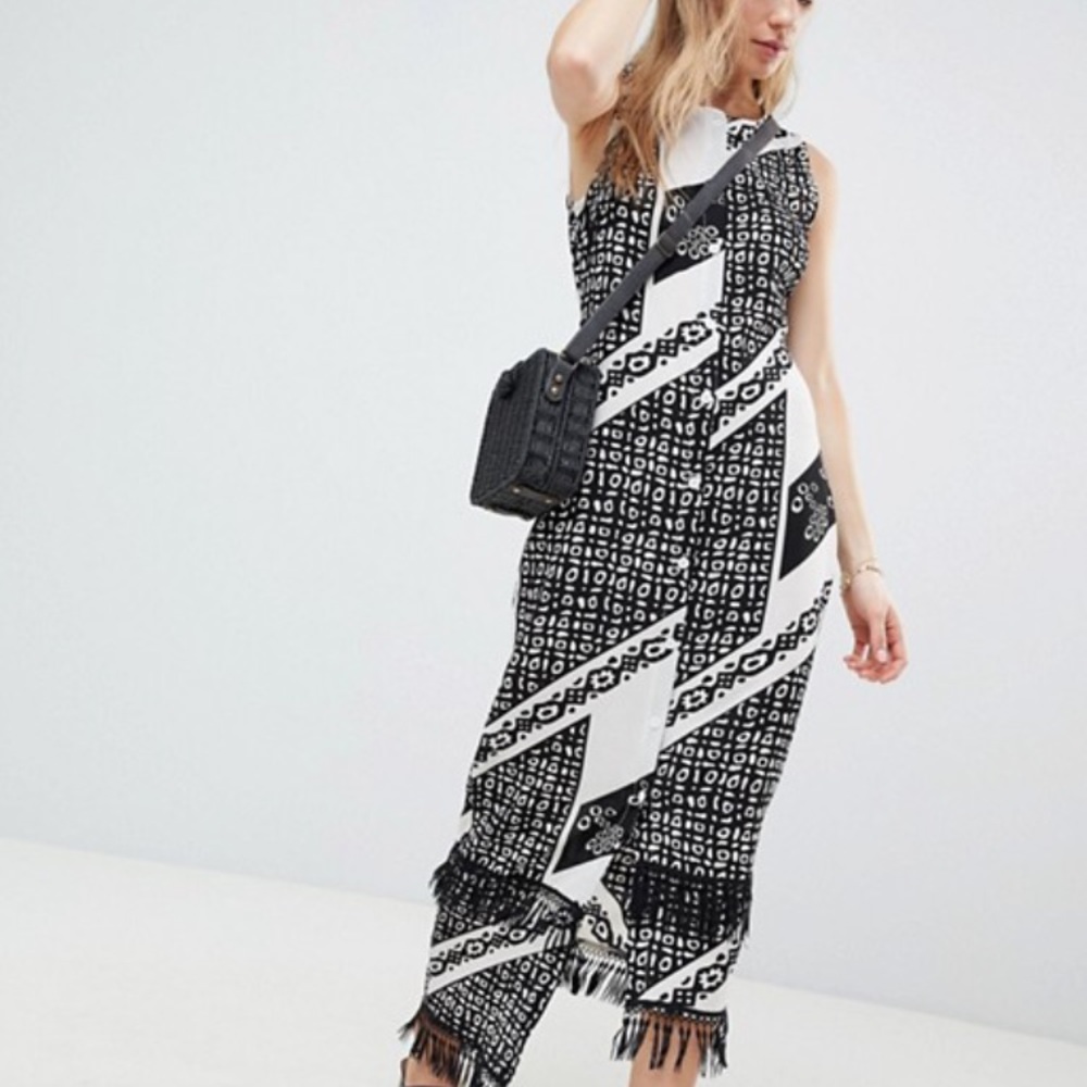 Parisian Printed Midi Dress with Fringe Hem